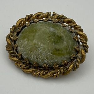 Vintage Brooch Speckled Green Oval Cabochon Gold Tone Setting